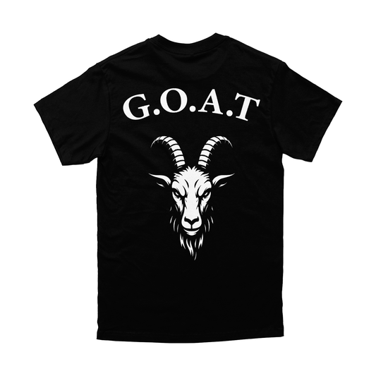Black t-shirt with a white goat graphic and 'G.O.A.T.' text on a white background
