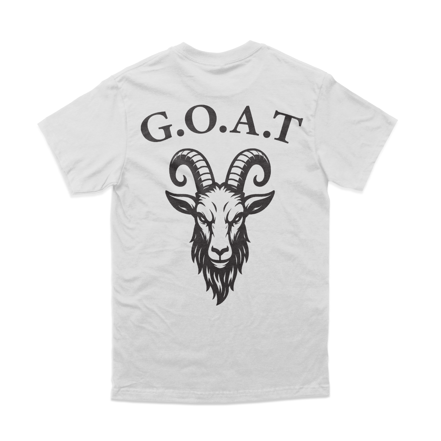 White t-shirt with a black goat graphic and 'G.O.A.T.' text on a white background