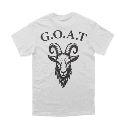 White t-shirt with a black goat graphic and 'G.O.A.T.' text on a white background