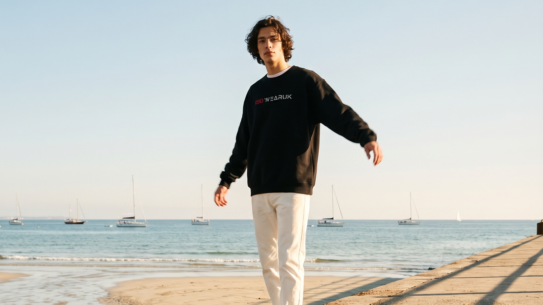 Person standing on a stone wall by the sea with a black sweatshirt and white pants.